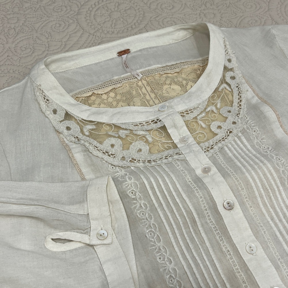 Free People Cream Cotton Lace Bib Pintuck Tunic Blouse 3/4 Sleeve Small